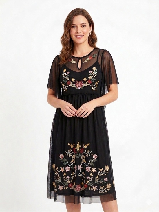 coco + jaimeson Dresses & Skirts - Coco+Jaimeson Black Embroidered Floral Midi Dress with Flutter Sleeves Small